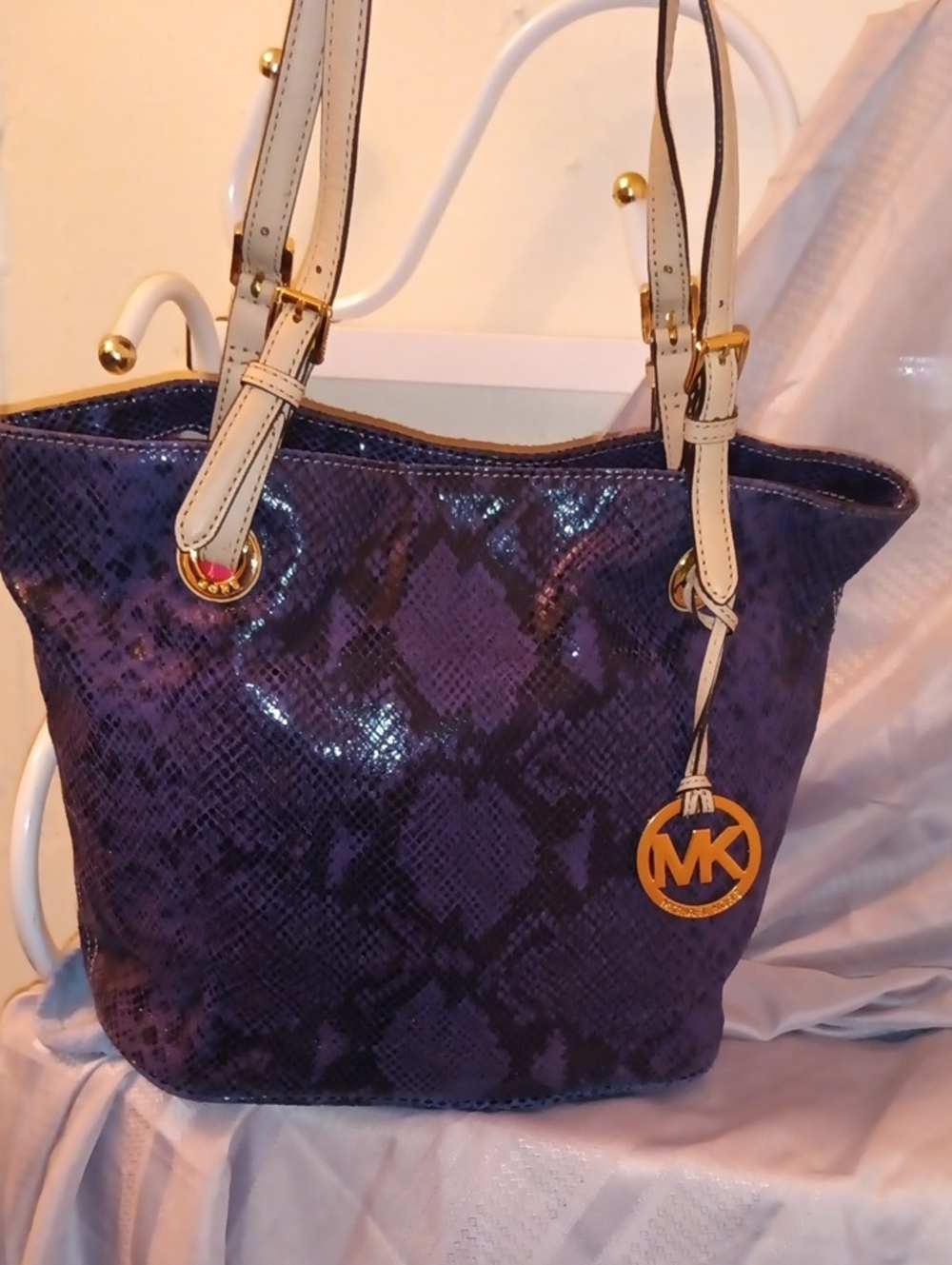 Michael Kors Deep Purple Snake-Embossed Shoulder Tote with Ivory Straps